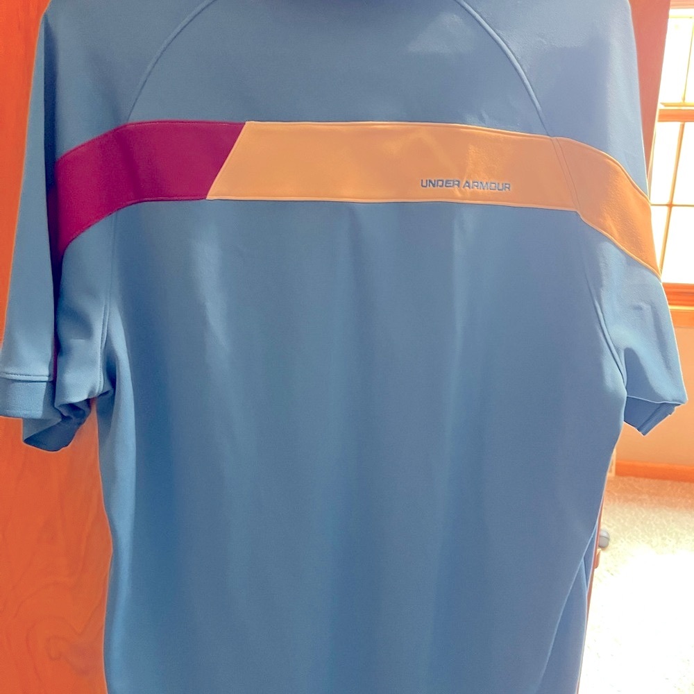 Turquoise blue men’s large polo purple color on back strip